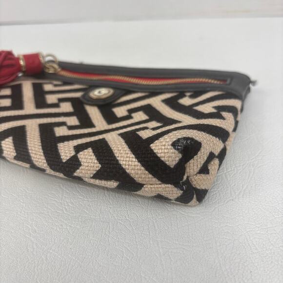 Spartina Wristlet Clutch with Tassel Beige Black Red Geometric Leather Linen Zip - Picture 8 of 12